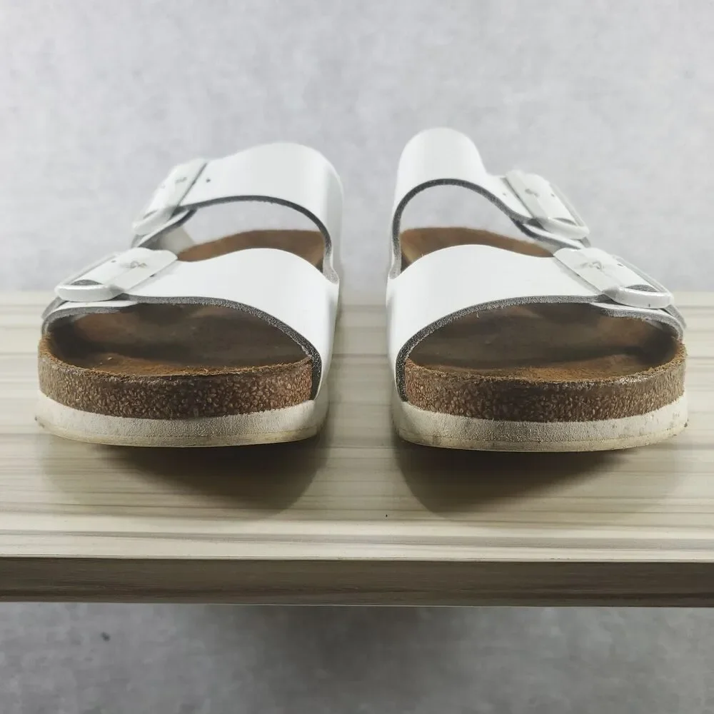 Sz 10 N Narrow Women's Birkenstock White Leather Arizona Sandals White Buckle